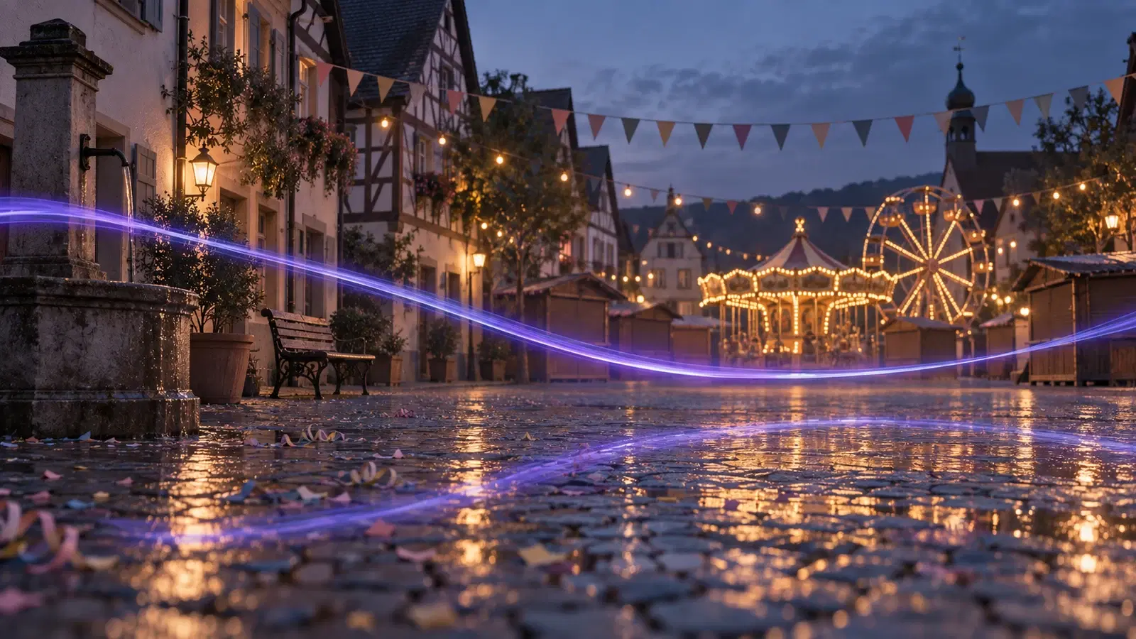 Stadtfest auf einem historischen Marktplatz im Abendlicht