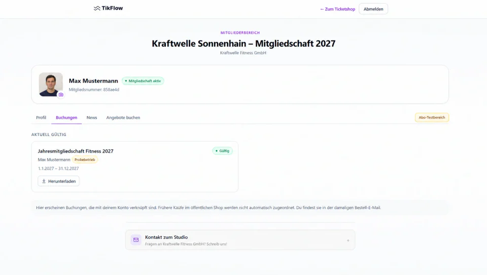 Mitgliederbereich aus Sicht des Gastes: die eigene Jahresmitgliedschaft mit Gültigkeitszeitraum und Download