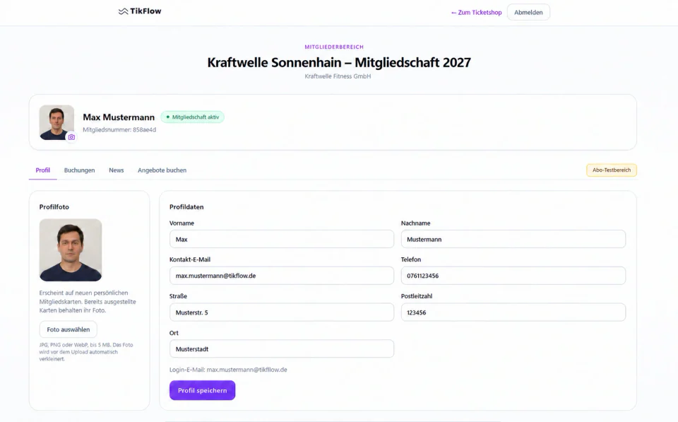 Mitgliederbereich aus Sicht des Gastes: Profilseite mit Foto für die Mitgliedskarte und den eigenen Kontaktdaten