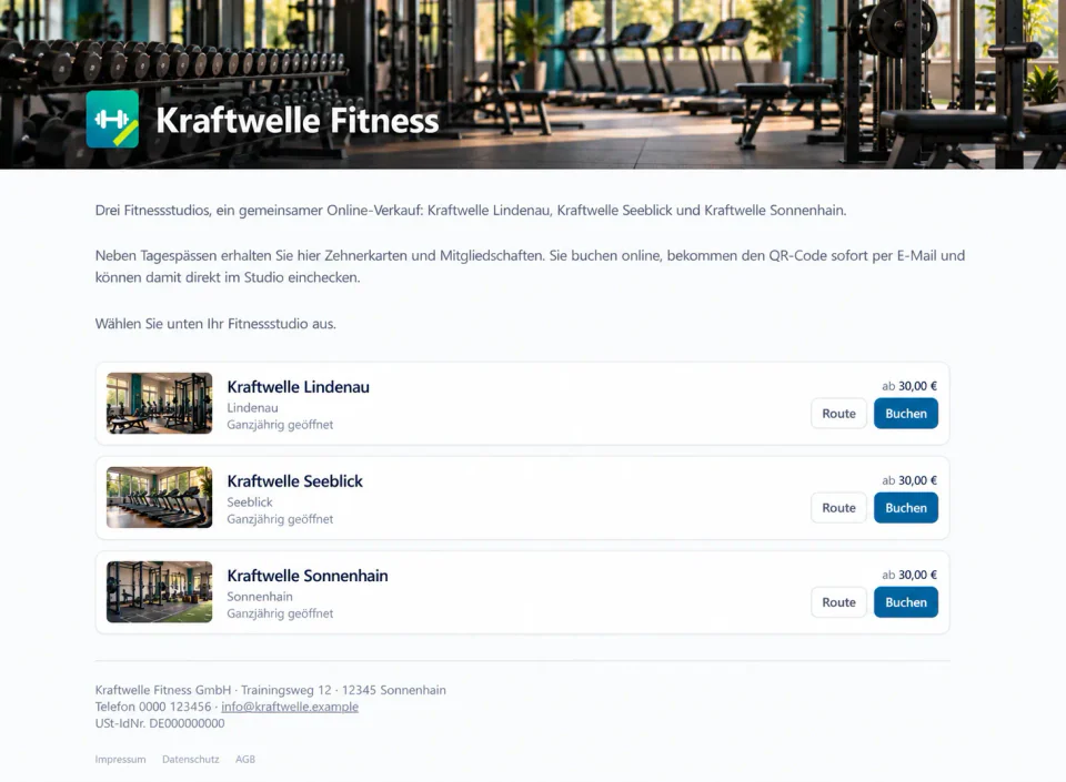 Übersichtsseite einer Fitnesskette mit drei Studios, jeweils mit Standort, Startpreis und eigenem Buchen-Button