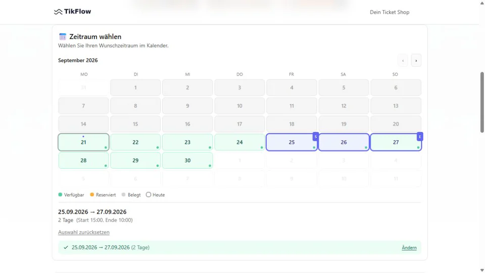 TikFlow-Buchungskalender mit Anreise, Abreise und einem ausgewählten Aufenthalt.