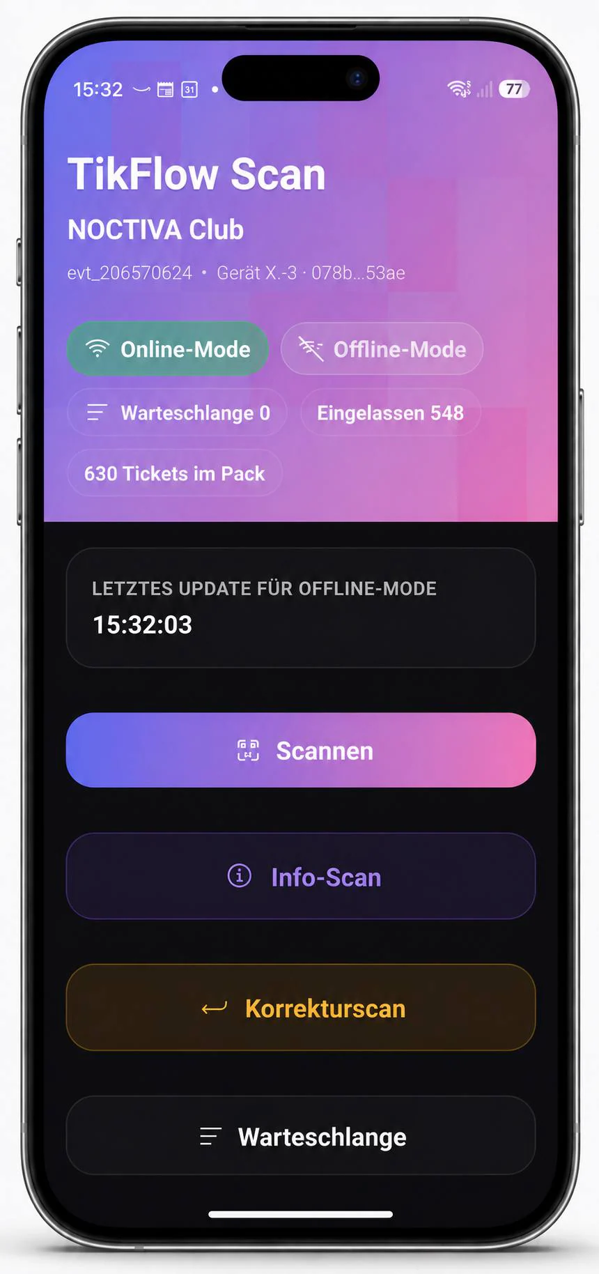 TikFlow-Scanner-App mit der Bestätigung eines gültigen Tickets und den zugehörigen Ticketdetails