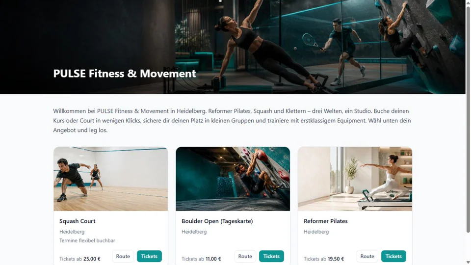 TikFlow-Demoshop mit Courtbuchung, Boulder-Tageskarte und Reformer Pilates auf einer Angebotsseite.