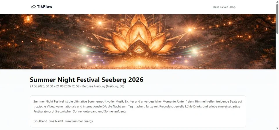 TikFlow-Ticketshop für ein Festival mit Line-up, Video und Bildergalerie