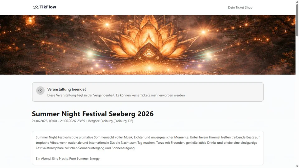 TikFlow-Beispielshop für ein Festival mit Veranstaltungsinformationen, Line-up und Galerie