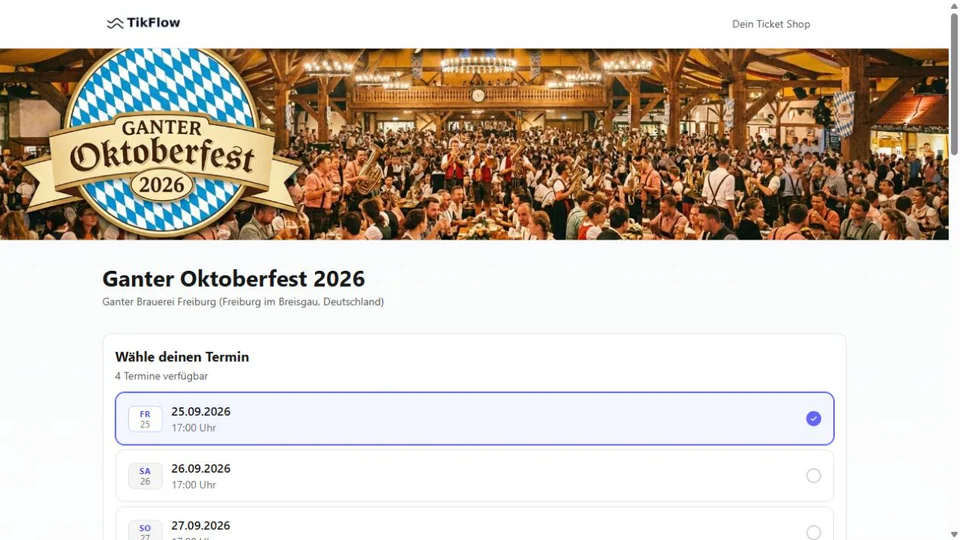 TikFlow-Beispielshop für ein Volksfest mit mehreren Veranstaltungstagen und Tischreservierung
