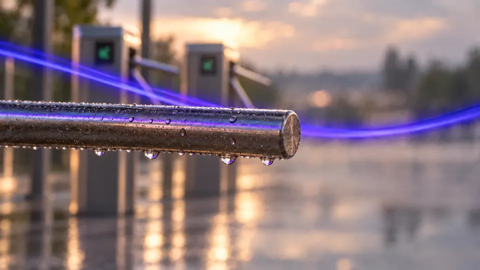 Drehkreuz an einem Sportgelände im Abendlicht mit violettem Lichtband