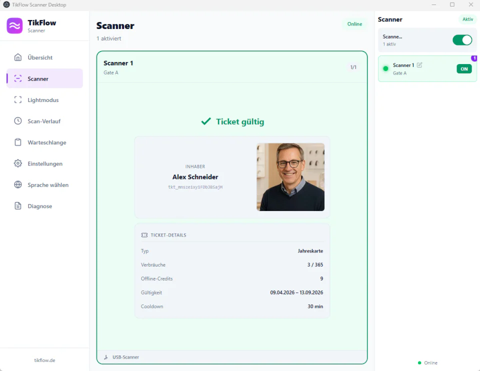 TikFlow-Desktop-App mit gültigem Ticket, Inhaberfoto und Übersicht der verbundenen Scanner
