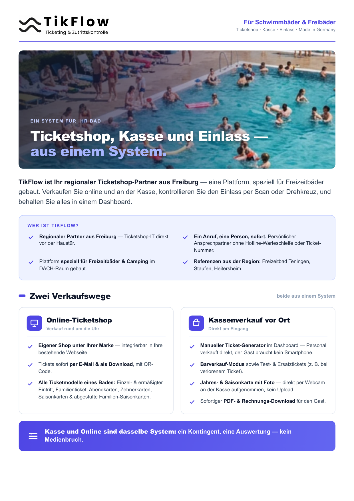 TikFlow Flyer Seite 1 – Digitales Ticketing und Zutrittskontrolle für Bäder und Freizeiteinrichtungen
